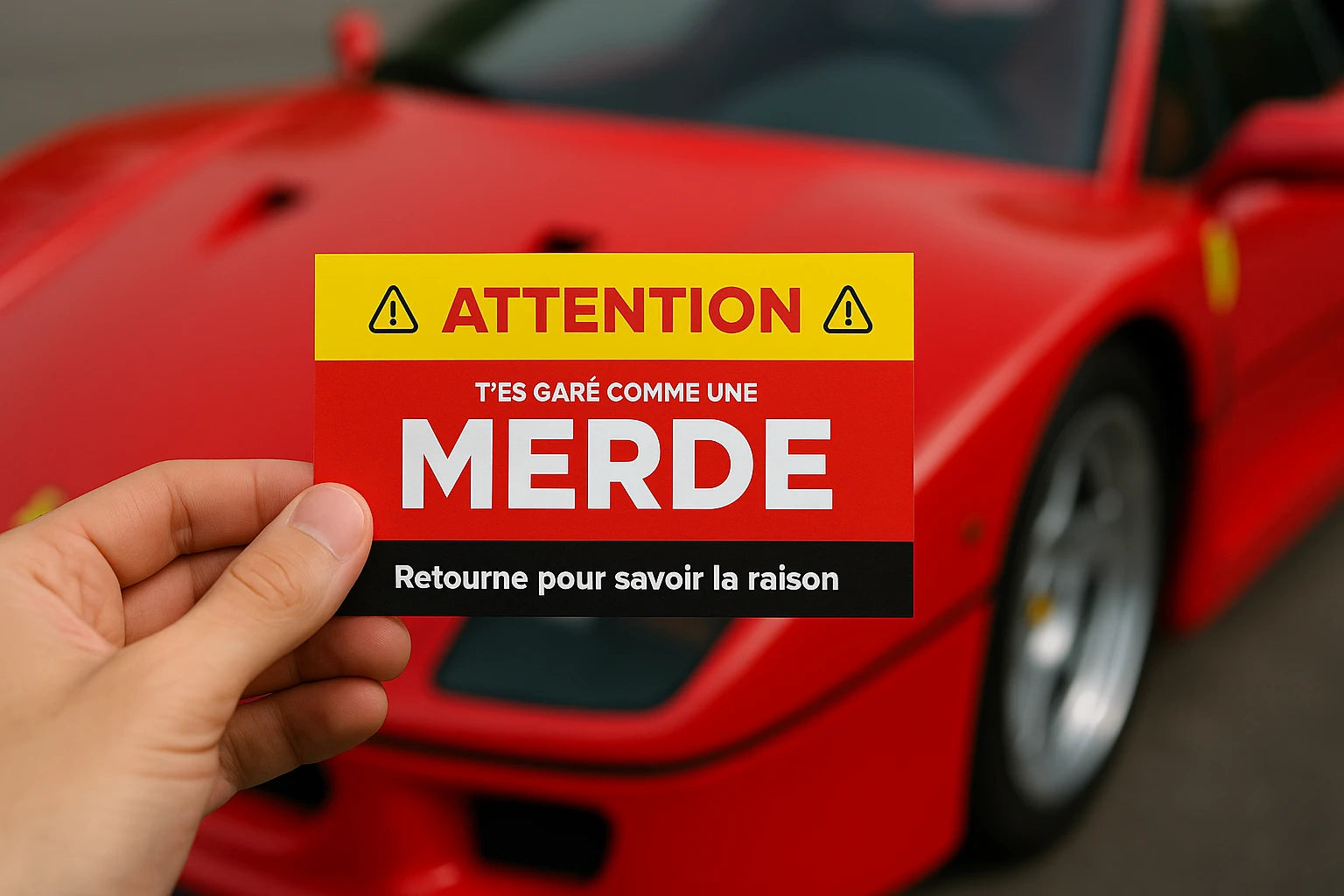 Carte "Garé comme une merde", devant une Ferrari F40