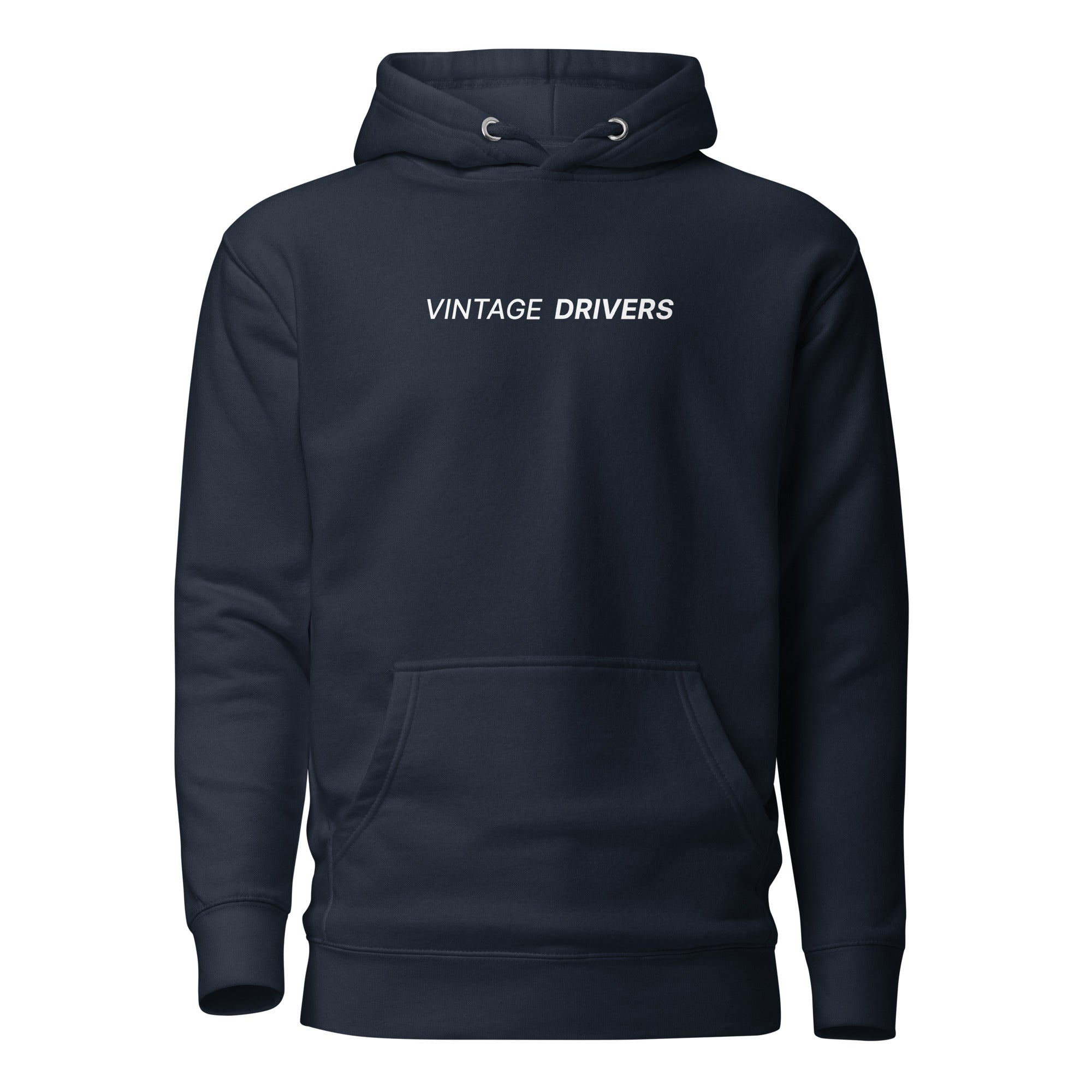 Sweat à capuche avec le logo complet VINTAGE DRIVERS centré au milieu, couleur bleu marine