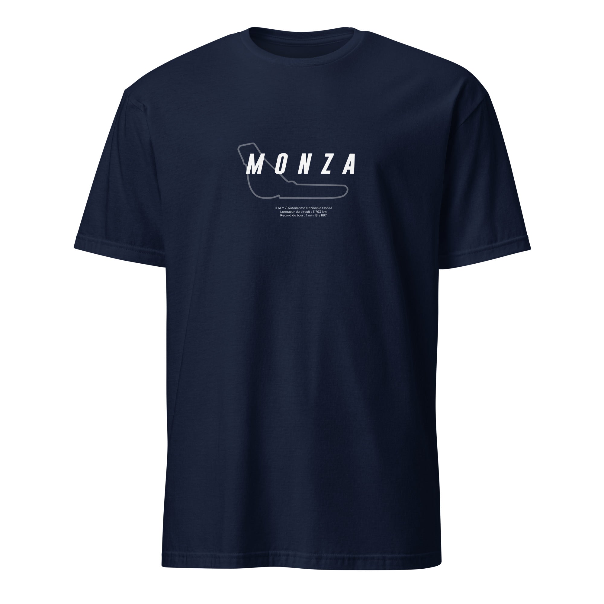 T-shirt bleu marine avec la représentation du circuit de Monza et quelques informations sur ce dernier