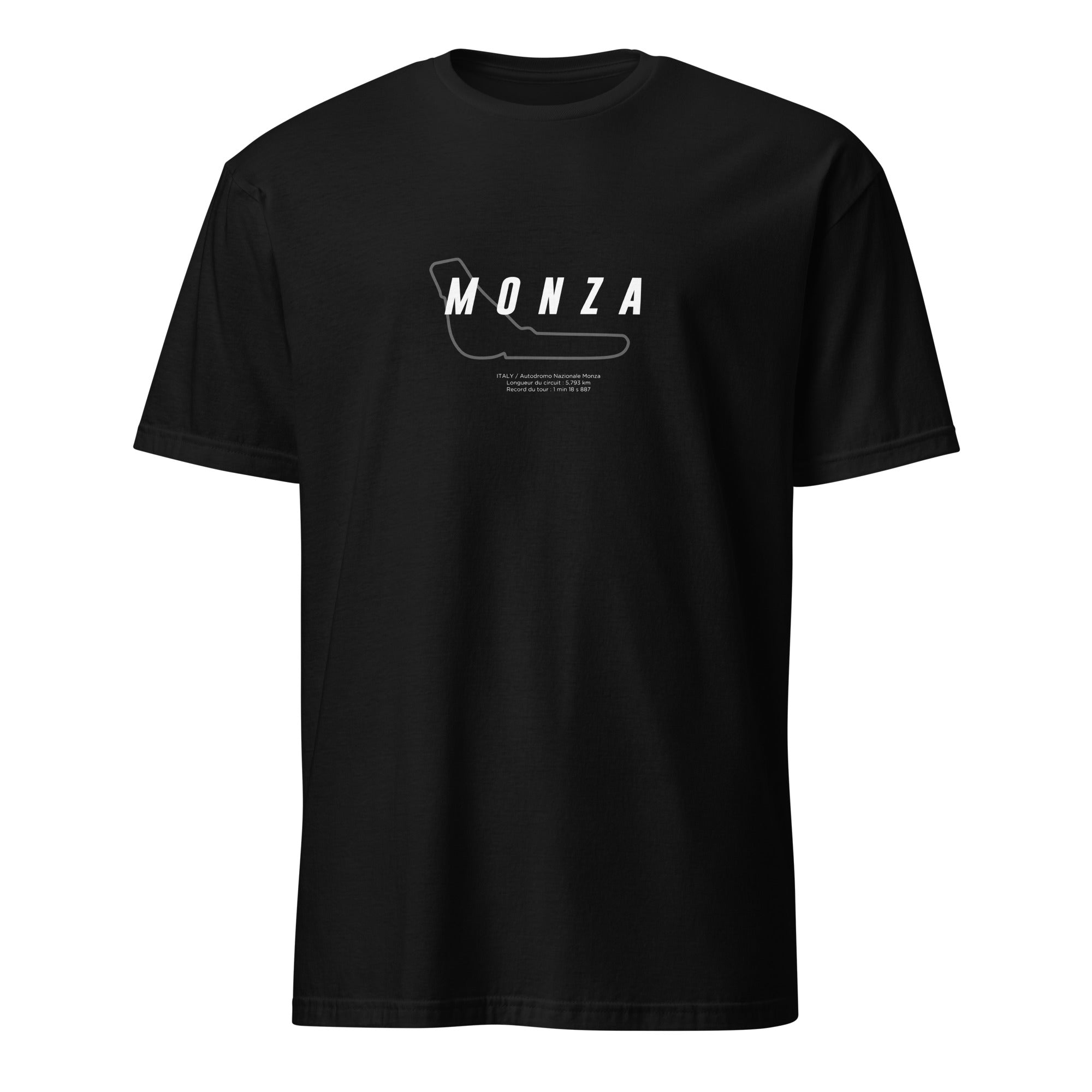 T-shirt noir avec la représentation du circuit de Monza et quelques informations sur ce dernier