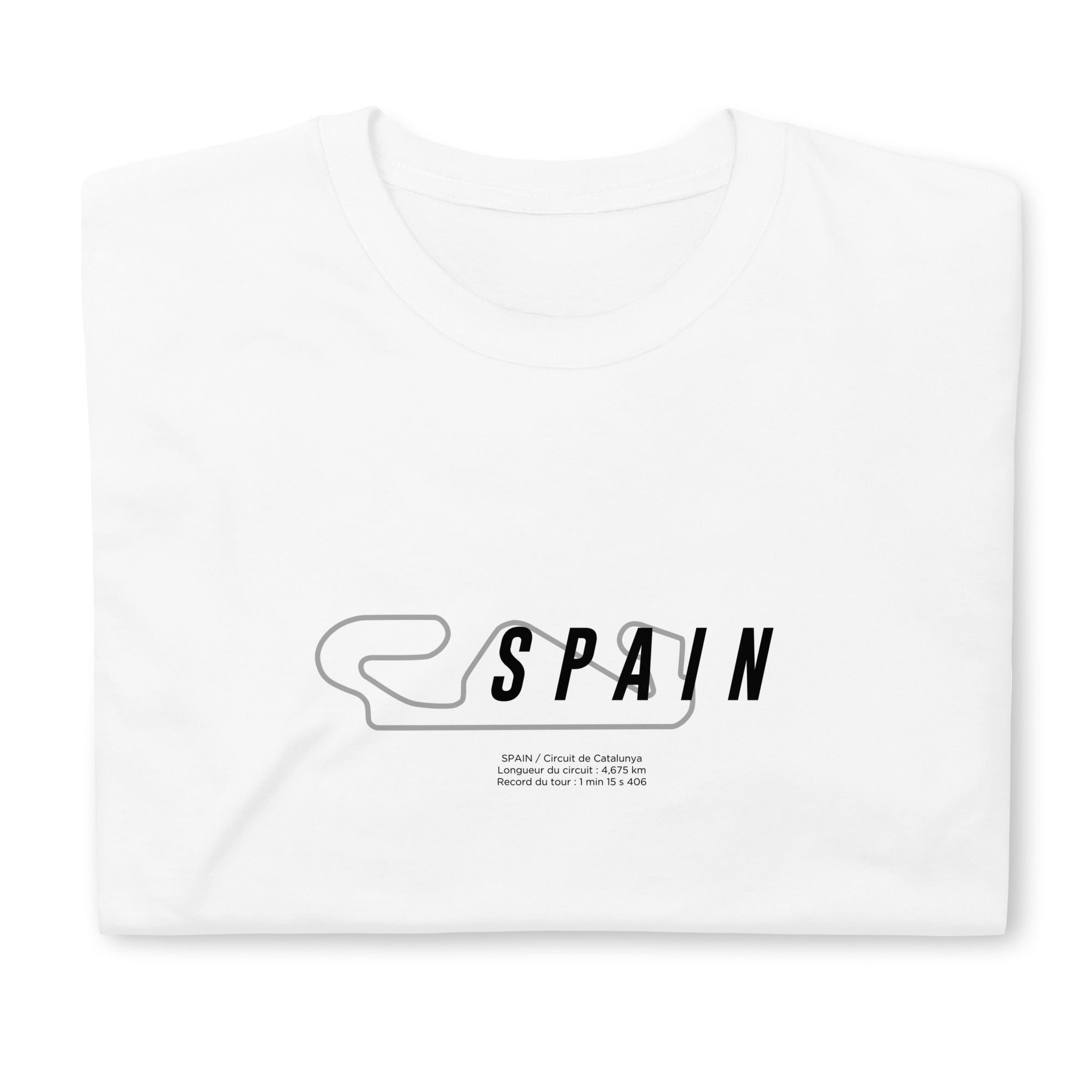 T-shirt blanc plié avec la représentation du circuit d'espagne et quelques informations sur ce dernier