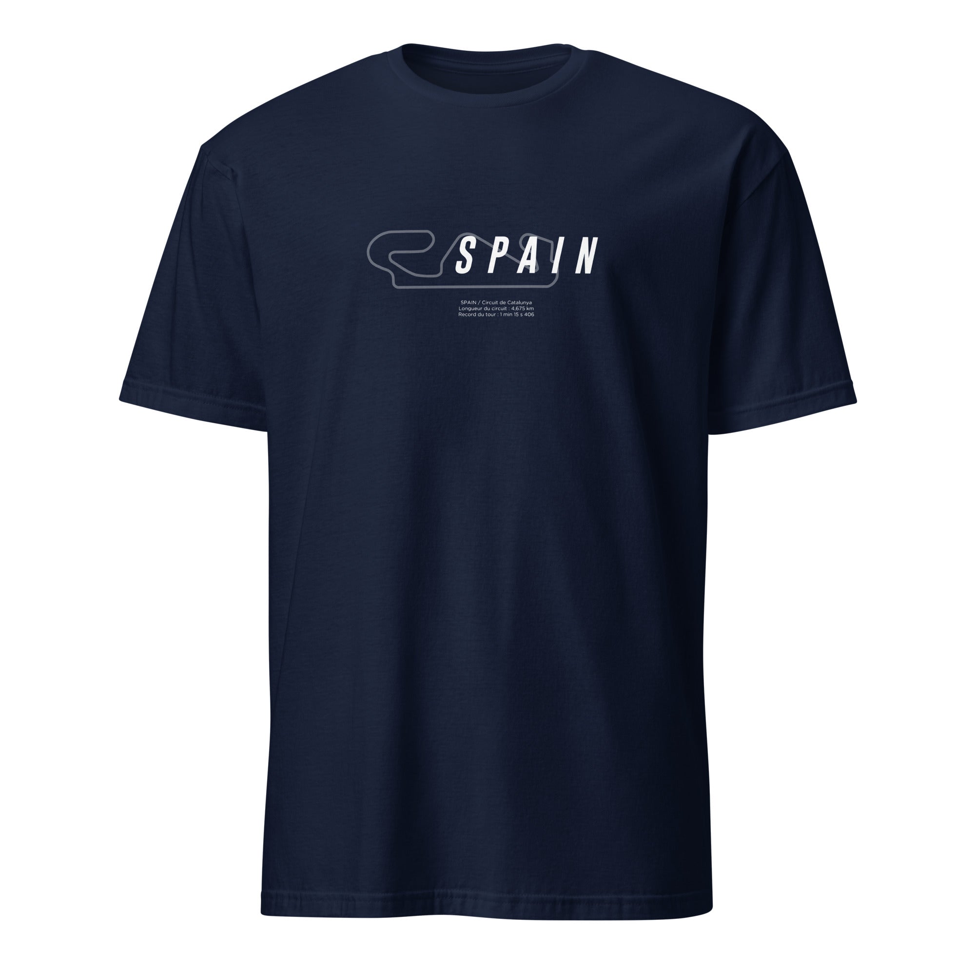 T-shirt bleu marine avec la représentation du circuit d'espagne et quelques informations sur ce dernier