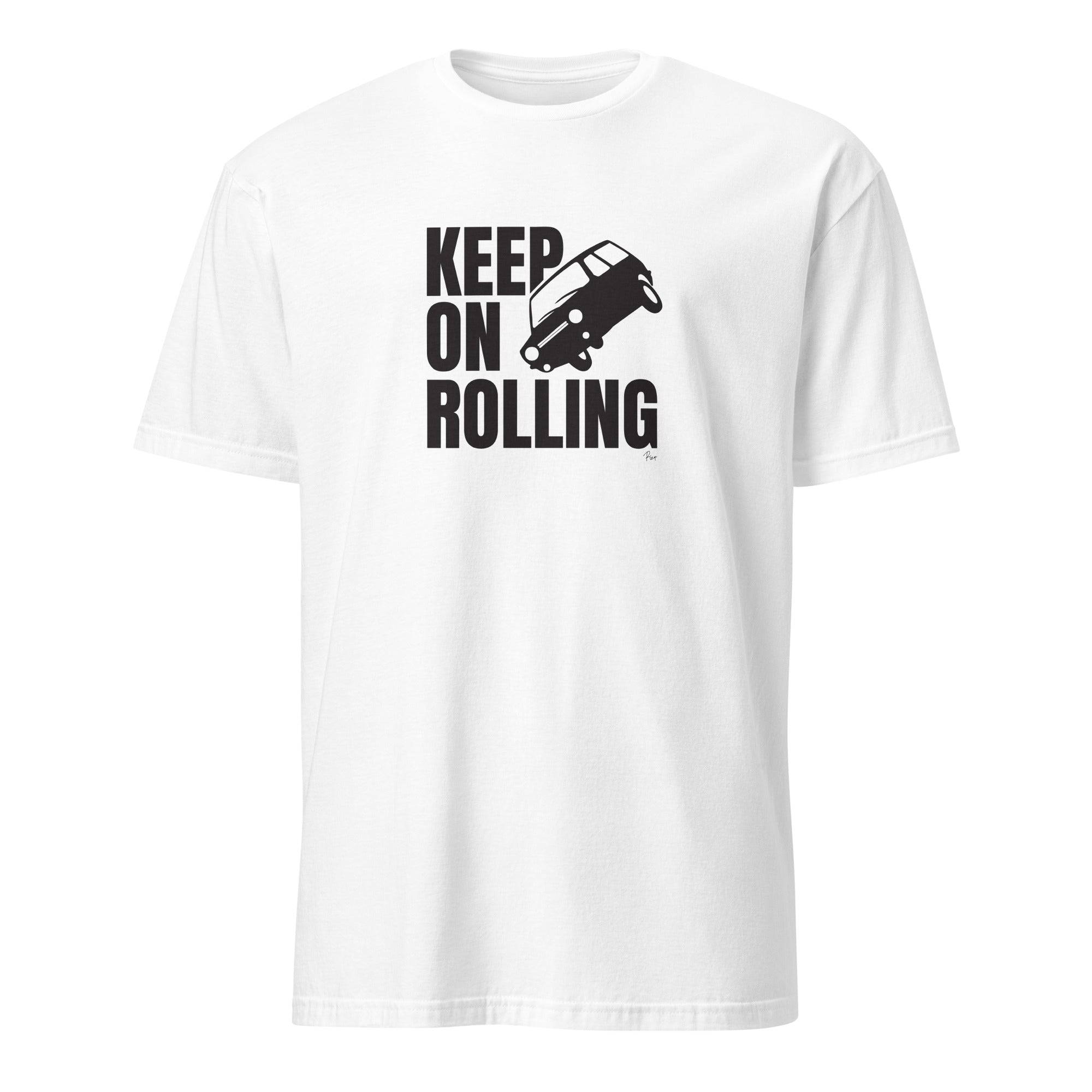 T-shirt blanc avec le motif "Keep on rolling" représentant une Reliant Robin qui slide, à la Top Gear