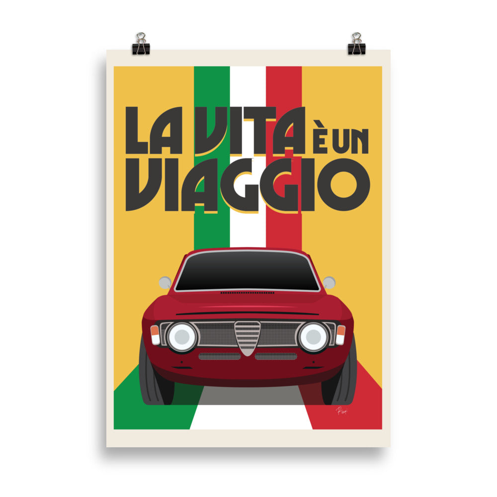Affiche Giulia GT Rouge "La Vita è Un Viaggio", by Vintage Drivers & Rizqi