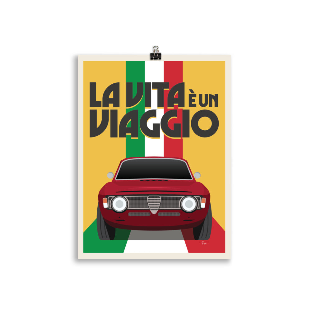 Affiche Giulia GT Rouge "La Vita è Un Viaggio", by Vintage Drivers & Rizqi