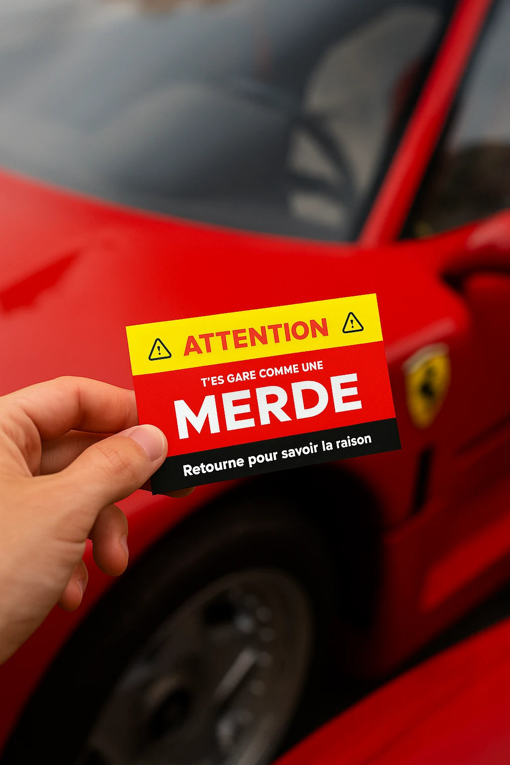 Carte "Garé comme une merde", devant une Ferrari F40