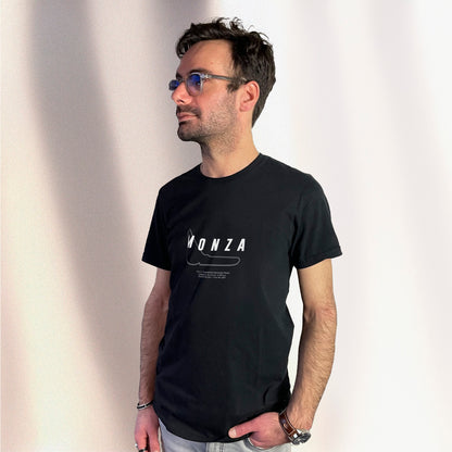 T-shirt noir avec le tracé du circuit de Monza et des informations relatives aux exploits réalisés sur ce circuit