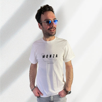 T-shirt blanc avec le tracé du circuit de Monza et des informations relatives aux exploits réalisés sur ce circuit