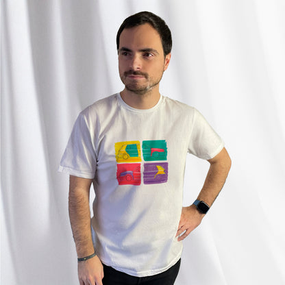 T-shirt blanc avec deux Volkswagen Golf Harlequin dessinées de profil avec un style Andy Warhol, porté par Corentin Gouloumy