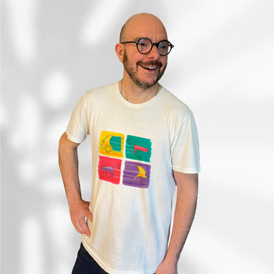 T-shirt blanc avec deux Volkswagen Golf Harlequin dessinées de profil avec un style Andy Warhol, porté par Matthieu Deloffre
