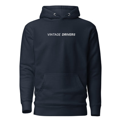 Sweat à capuche avec le logo complet VINTAGE DRIVERS centré au milieu, couleur bleu marine