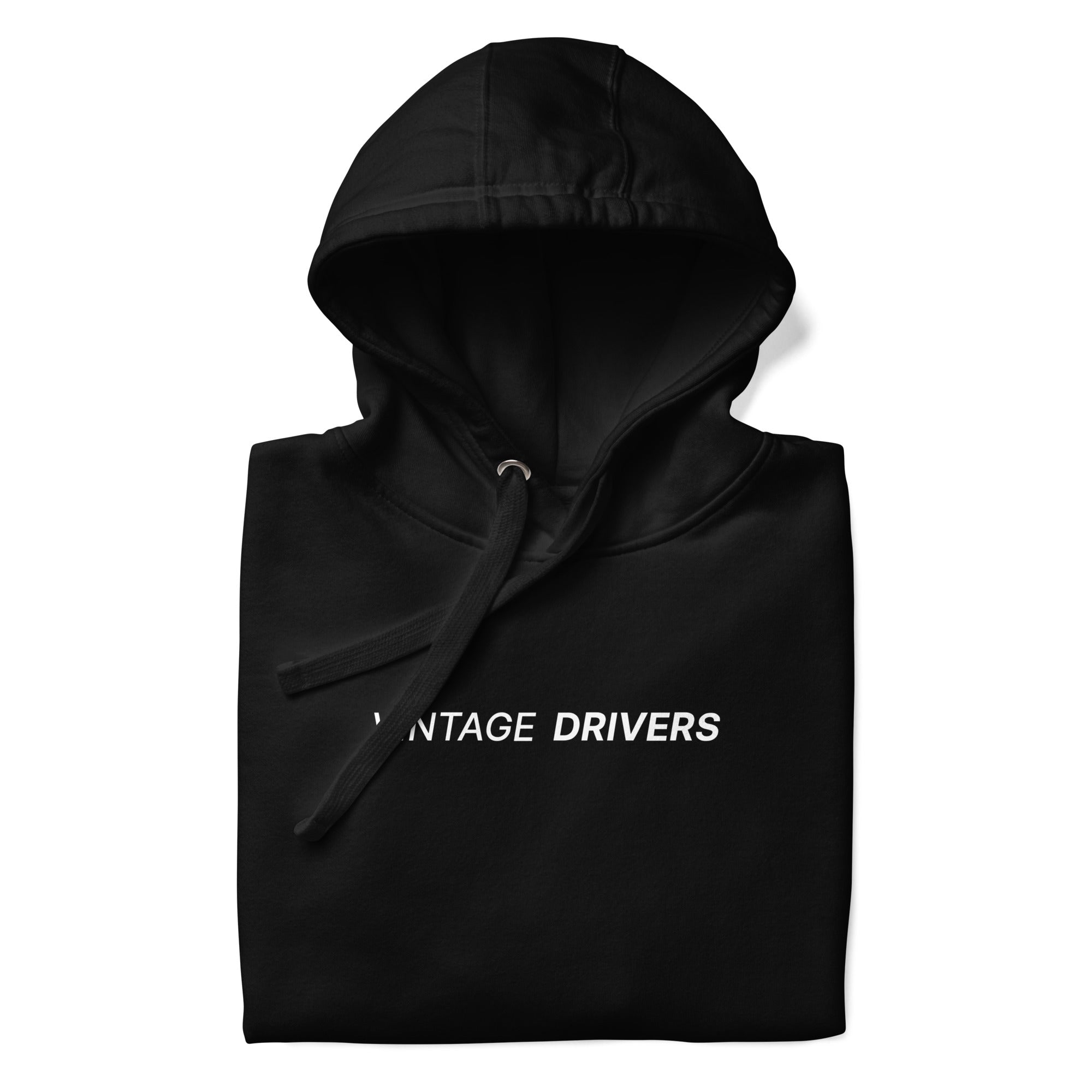 Sweat à capuche avec le logo complet VINTAGE DRIVERS centré au milieu, couleur noir, plié avec capuche dépliée