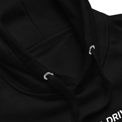 Sweat à capuche avec le logo complet VINTAGE DRIVERS centré au milieu, couleur noir, zoom sur capuche