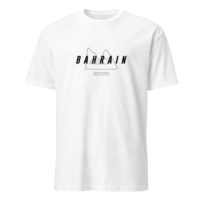 T-shirt blanc avec la représentation du circuit du Bahrain et quelques informations sur ce dernier