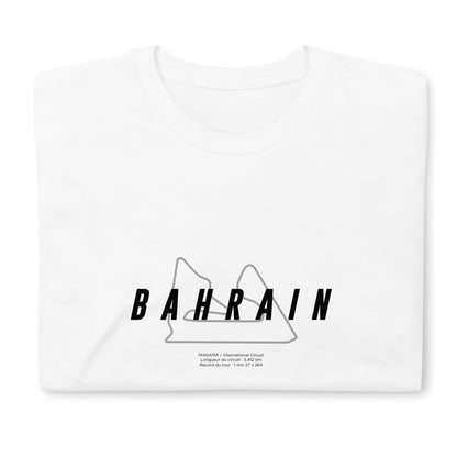 T-shirt plié blanc avec la représentation du circuit du Bahrain et quelques informations sur ce dernier