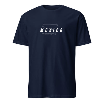 T-shirt bleu marine avec la représentation du circuit de Mexico et quelques informations sur ce dernier
