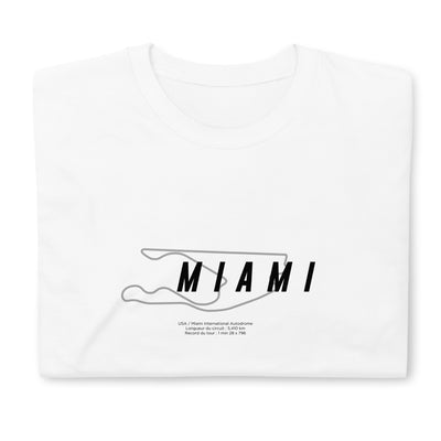 T-shirt blanc plié avec la représentation du circuit de Miami et quelques informations sur ce dernier