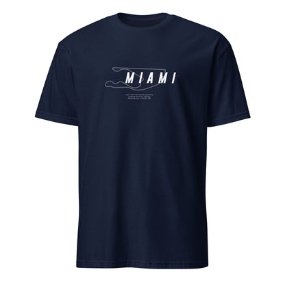 T-shirt bleu marine avec la représentation du circuit de Miami et quelques informations sur ce dernier