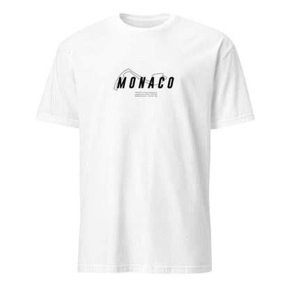 T-shirt blanc avec la représentation du circuit de Monaco et quelques informations sur ce dernier