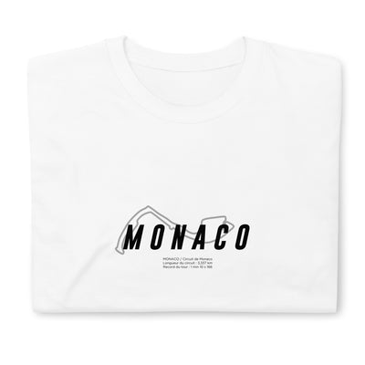 T-shirt blanc plié avec la représentation du circuit de Monaco et quelques informations sur ce dernier