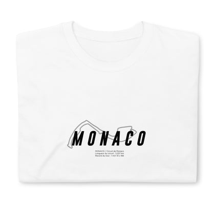 T-shirt blanc plié avec la représentation du circuit de Monaco et quelques informations sur ce dernier