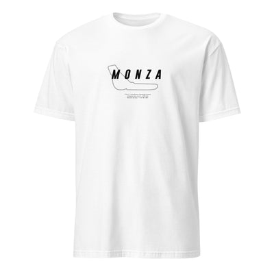 T-shirt blanc avec la représentation du circuit de Monza et quelques informations sur ce dernier