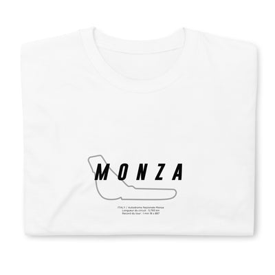 T-shirt blanc plié avec la représentation du circuit de Monza et quelques informations sur ce dernier