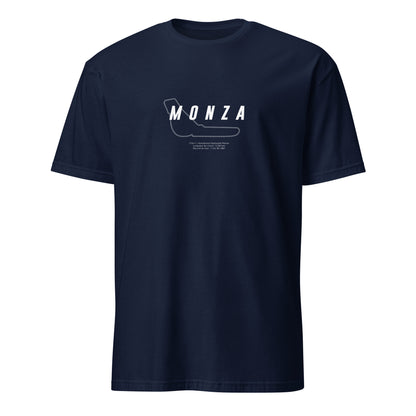 T-shirt bleu marine avec la représentation du circuit de Monza et quelques informations sur ce dernier