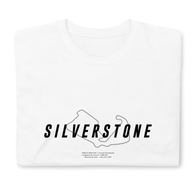 T-shirt blanc plié avec motif visuel illustrant le circuit de Silverstone