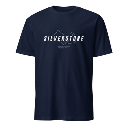 T-shirt bleu marine avec la représentation du circuit de Silverstone et quelques informations sur ce dernier