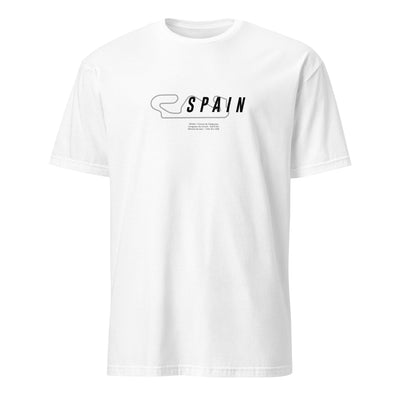 T-shirt blanc avec la représentation du circuit d'espagne et quelques informations sur ce dernier