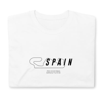 T-shirt blanc plié avec la représentation du circuit d'espagne et quelques informations sur ce dernier