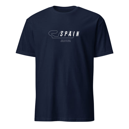 T-shirt bleu marine avec la représentation du circuit d'espagne et quelques informations sur ce dernier