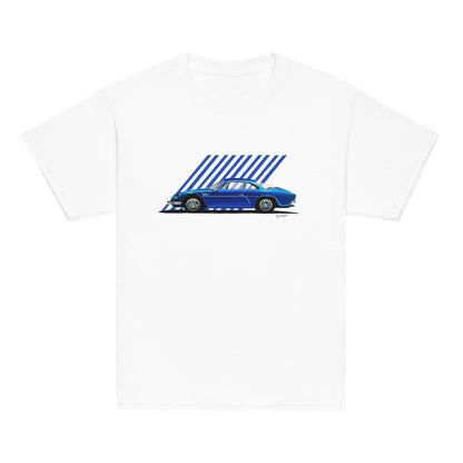 T-shirt blanc pour enfant avec une Alpine A110 bleu électrique illustrée au milieu