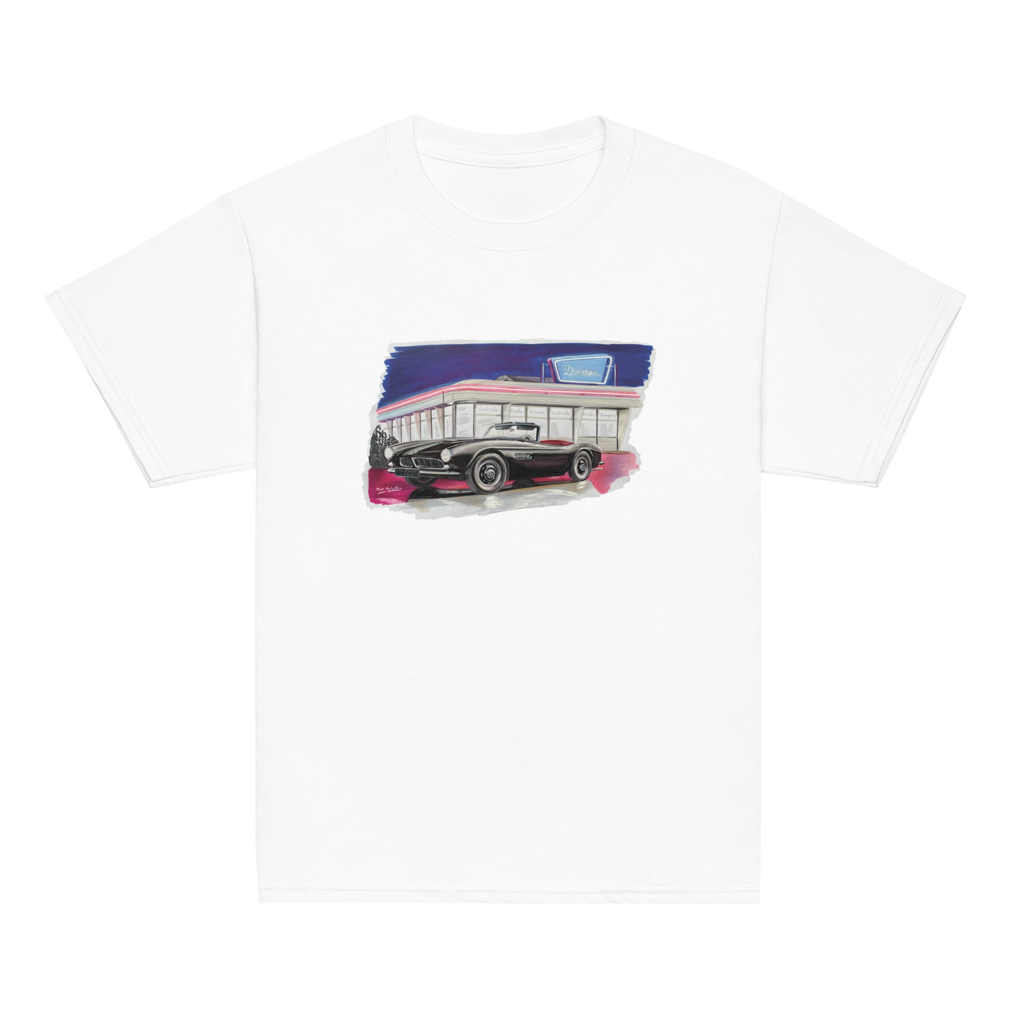 T-shirt enfant blanc avec illustration d'une BMW style Elvis Presley devant un diner