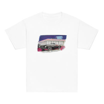T-shirt enfant blanc avec illustration d'une BMW style Elvis Presley devant un diner