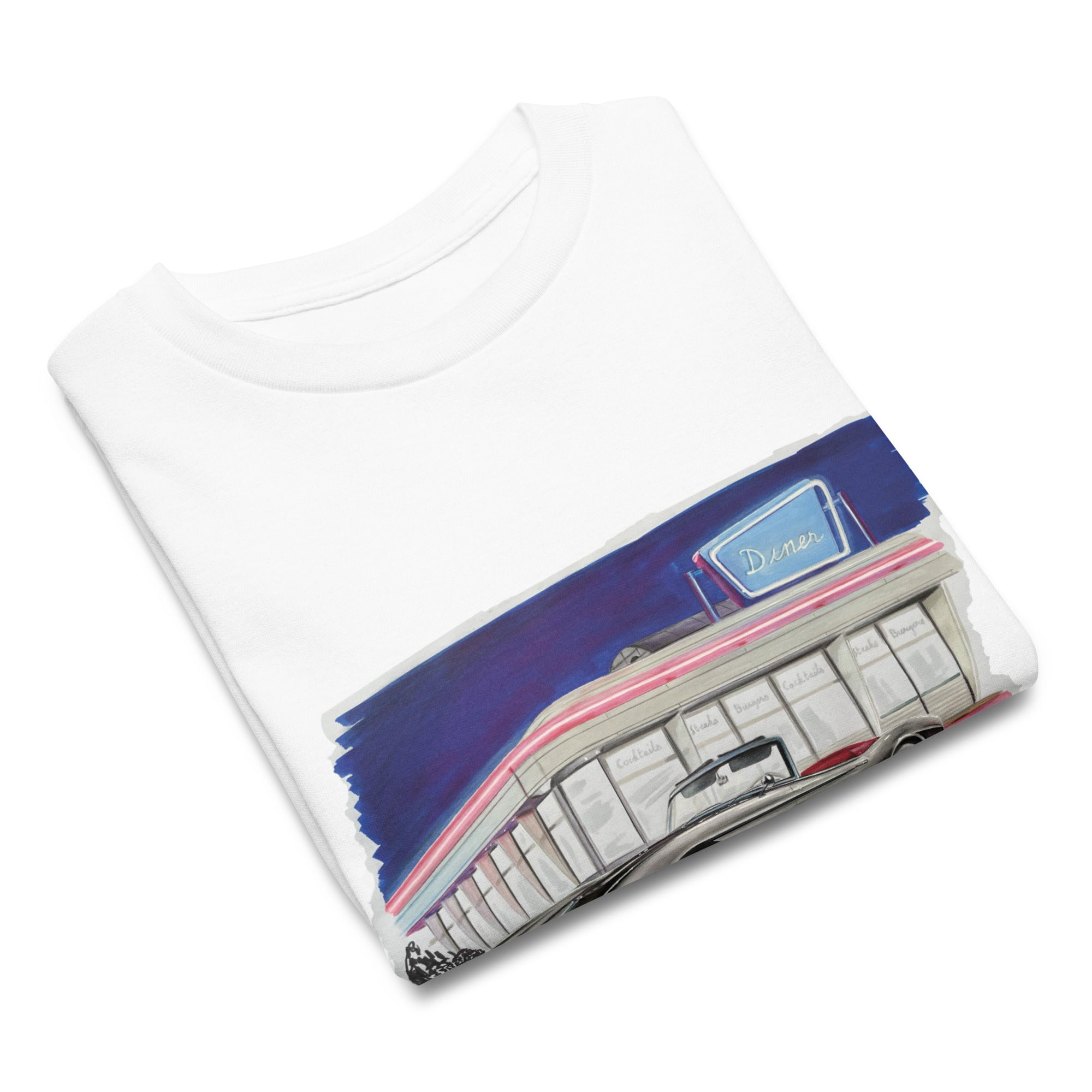 T-shirt enfant blanc plié avec illustration d'une BMW style Elvis Presley devant un diner