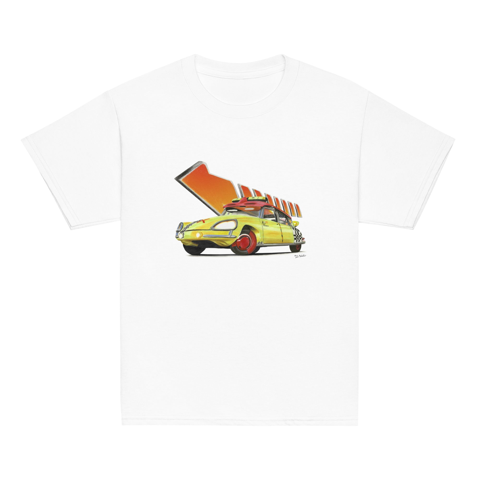 T-shirt enfant blanc avec illustration de la Citroën DS de Retour vers le Futur