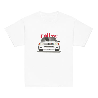 T-shirt blanc pour enfant avec le dessin d'une Peugeot 205 rallye blanche et le texte "rallye" rouge en fond