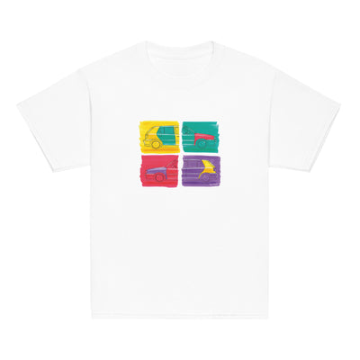 T-shirt blanc pour enfant avec au milieu une illustration représentant deux Volkswagen Golf Harlequin, de profil, dans un style Andy Warhol