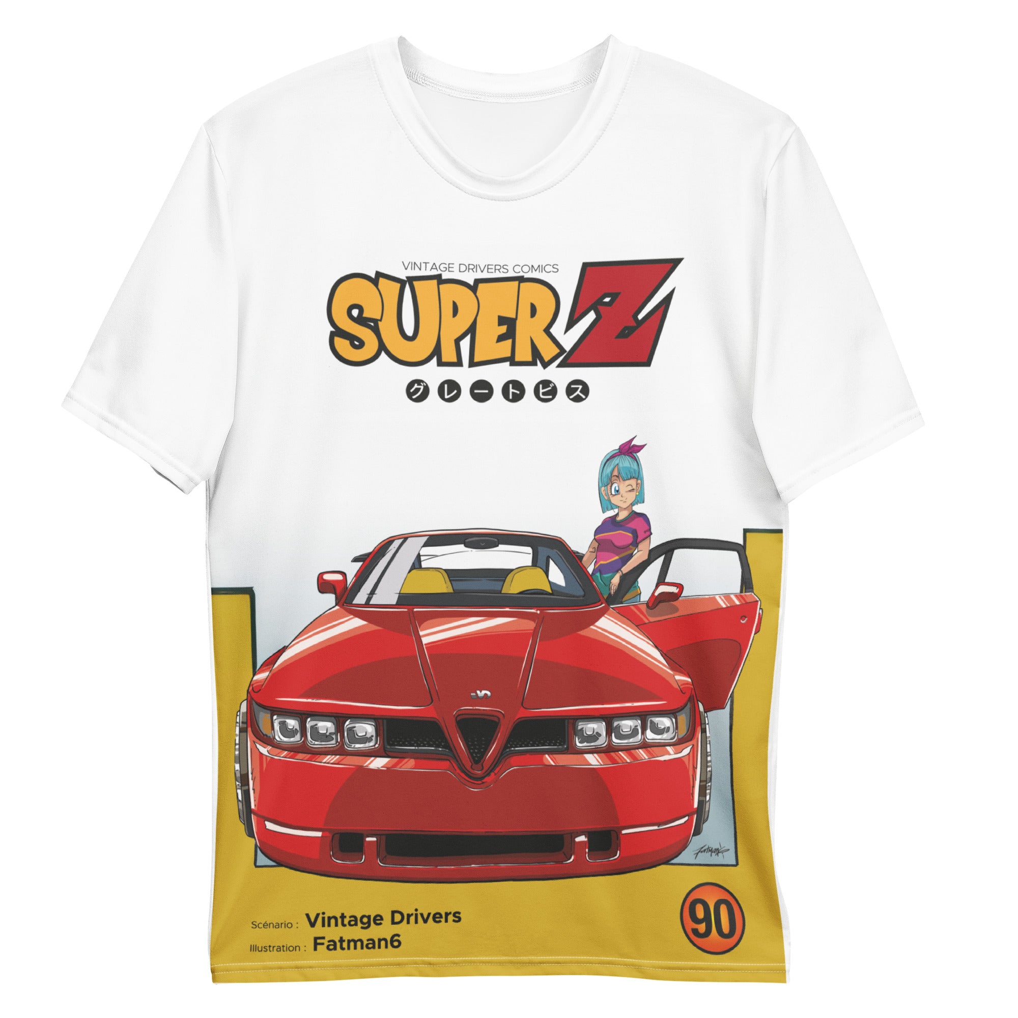 T-shirt impression complète avec illustration d'une Alfa Romeo SZ, mixée avec l'univers de Dragon Ball Z (DBZ) et avec le titre "Super Z", de face