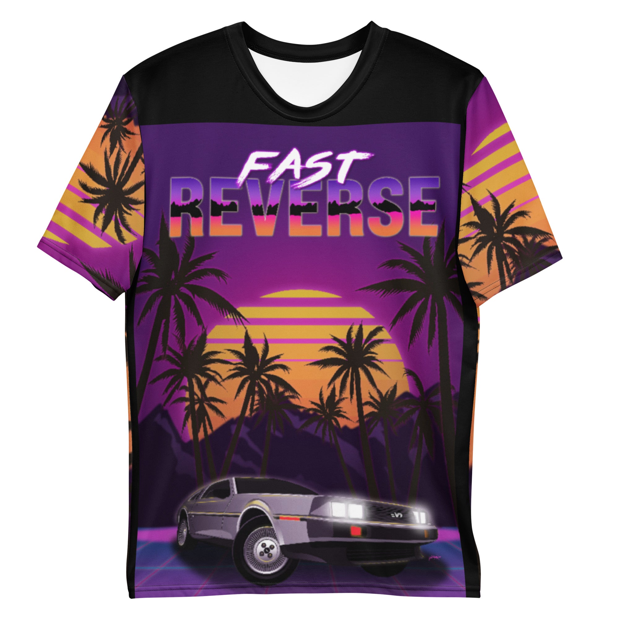 T-shirt impression complète avec illustration d'une DeLorean DMC-12, de face