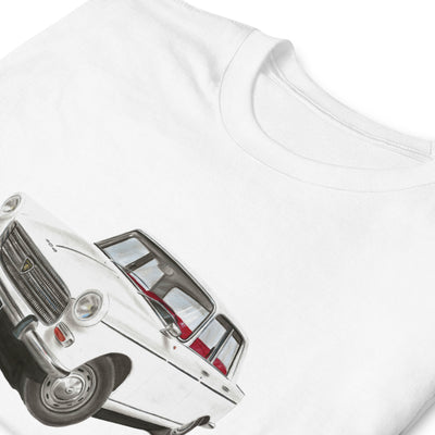 T-shirt blanc avec le dessin d'une Peugeot 404 blanche, zoom sur le motif