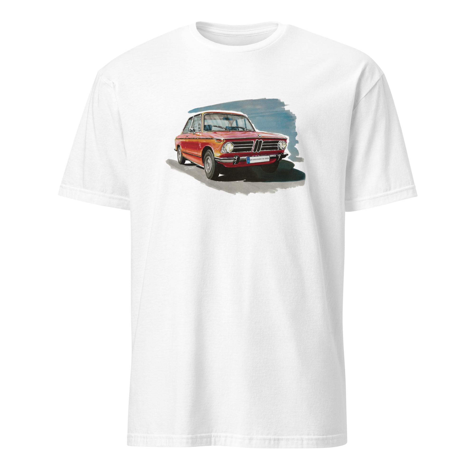 T-shirt blanc avec le dessin d'une BMW 2002 rouge