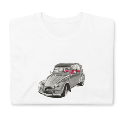 T-shirt blanc plié avec une illustration d'une Citroën 2CV grise