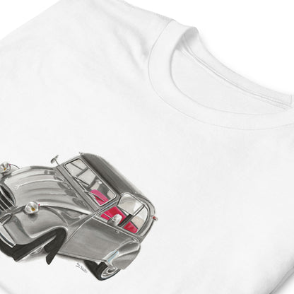 T-shirt blanc avec une illustration d'une Citroën 2CV grise, zoom sur le motif