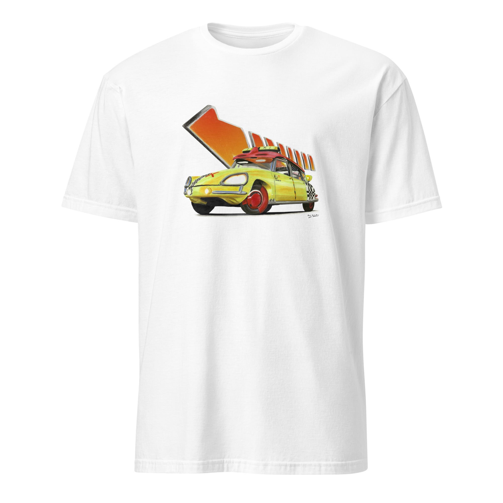 T-shirt blanc avec illustration de la Citroën DS de Retour vers le Futur et sa flèche orange mythique