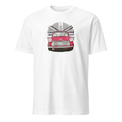 T-shirt blanc avec un superbe design de Mini des années 70 avec un fond british discret