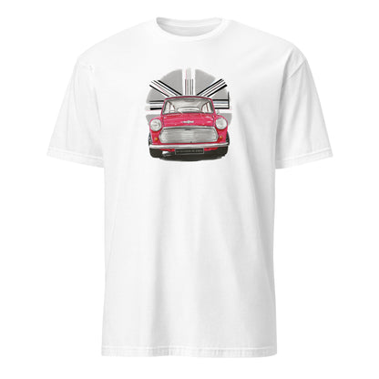 T-shirt blanc avec un superbe design de Mini des années 70 avec un fond british discret