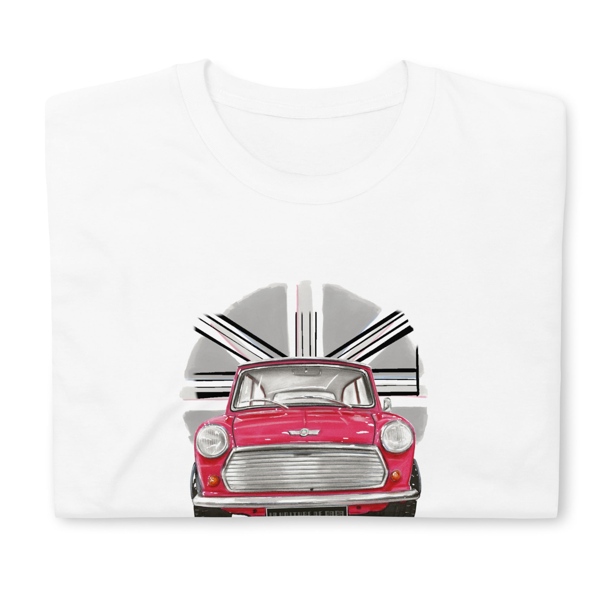 T-shirt blanc plié avec un superbe design de Mini des années 70 avec un fond british discret